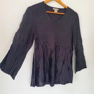 Y2K 90s Crepe Crinkle Stretchy Black Top Sz M V-Neck 3/4 Sleeve Shiny Boho Goth